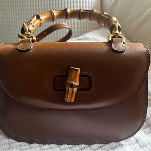 Brown Leather Handbag with Bamboo Handle